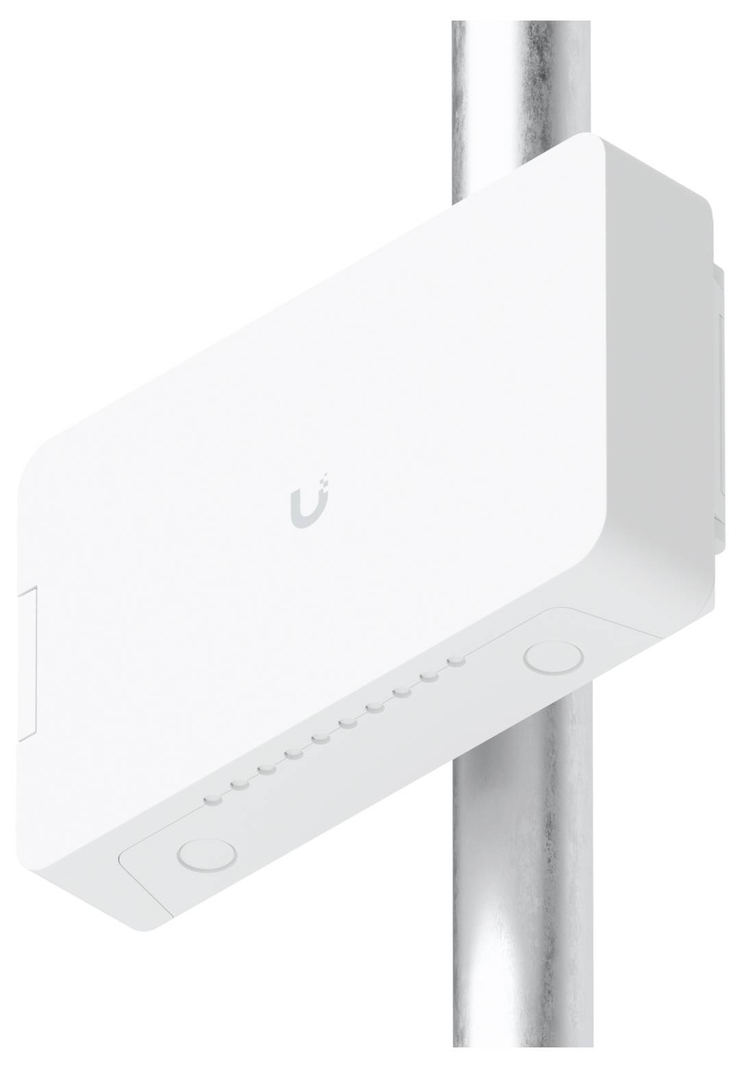 Ein weißes Außen-Netzwerkgerät mit Ubiquiti-Logo, das an einem vertikalen Mast angebracht ist und seine Konnektivitätsanschlüsse darunter zeigt.