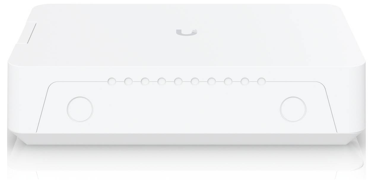 Ein weißes Netzwerkgerät mit Anzeigelichtern, die in einer Reihe auf der vorderen Verkleidung angeordnet sind.