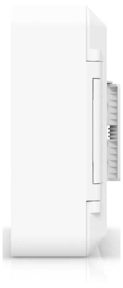 Seitenansicht eines weißen elektronischen Geräts, das ein sauberes, minimalistisches Design mit einem strukturierten Bereich auf der rechten Seite zeigt.