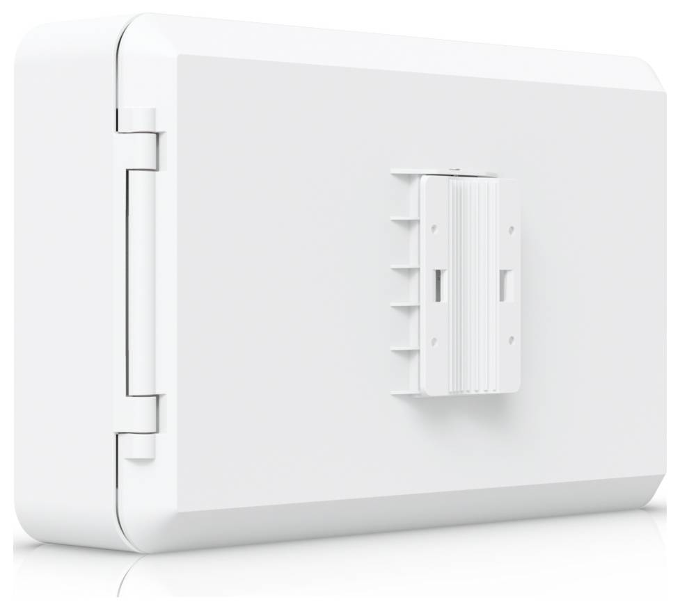 Ein weißes rechteckiges elektronisches Gerät mit einem Scharnier-Deckel und einer Wandmontageklammer auf der Rückseite.