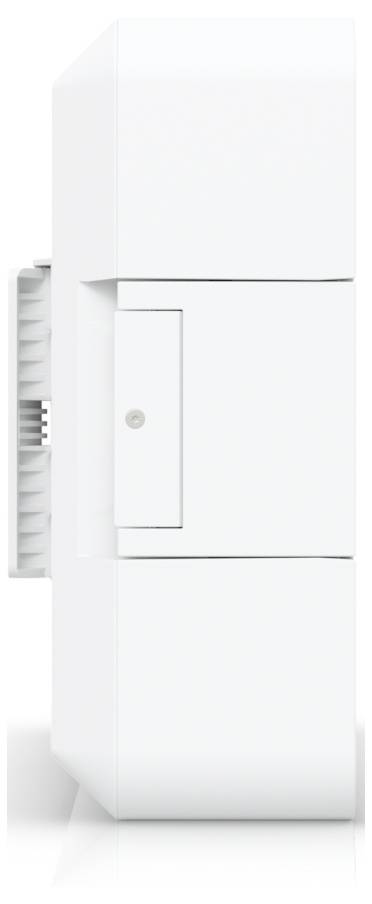 Seitenansicht eines schlanken, modernen weißen elektronischen Geräts mit einer vorstehenden Komponente.