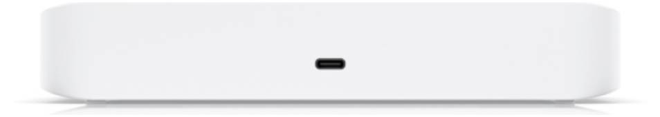 Ein weißes, rechteckiges elektronisches Gerät mit einem einzelnen schwarzen Anschluss auf der Vorderseite, wahrscheinlich ein Mini-Computer oder Hub mit minimalistischem Design.