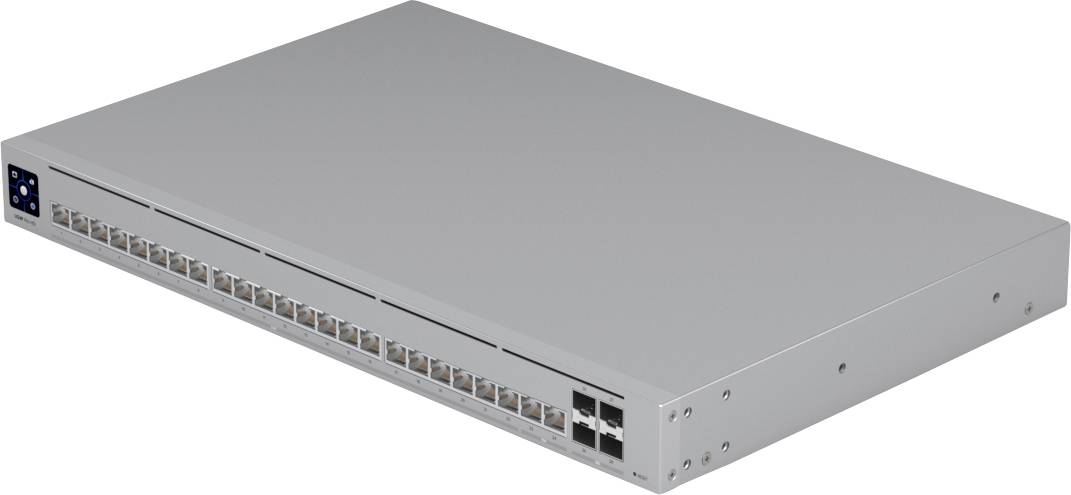 Ein Metall-Netzwerk-Switch mit 24 Ethernet-Anschlüssen und 2 Uplink-Anschlüssen auf der Frontplatte, geeignet für die Verwaltung großer Netzwerkverbindungen.