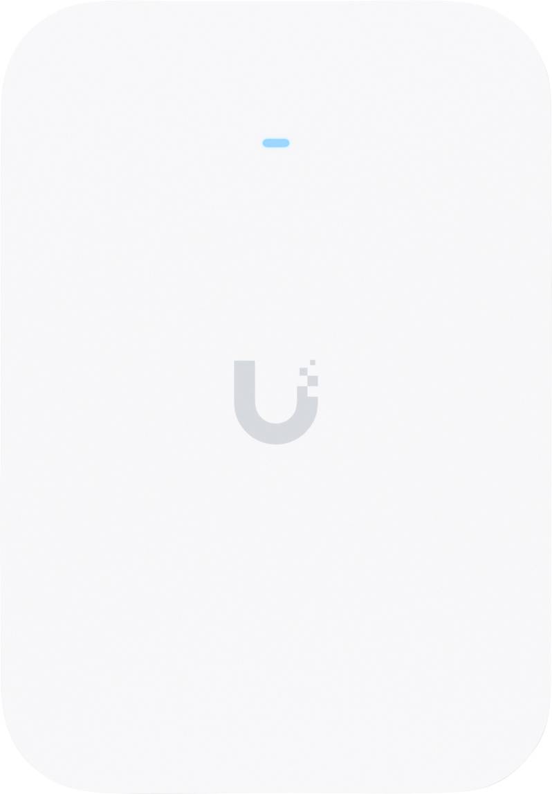 Ein weißes Gerät mit einer blauen Kontrollleuchte und einem stilisierten „U