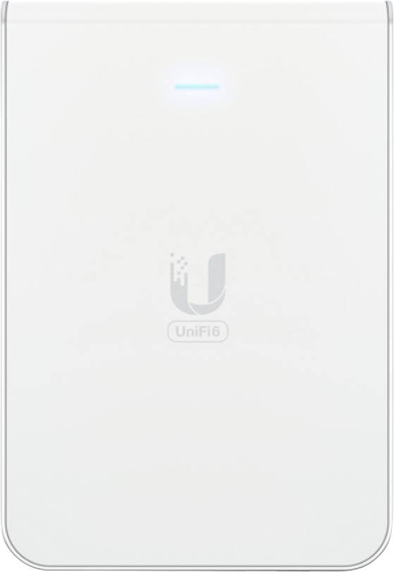 Ein weißes UniFi6-Netzwerkgerät mit einer leuchtenden Anzeigelampe oben und dem UniFi-Logo in der Mitte.