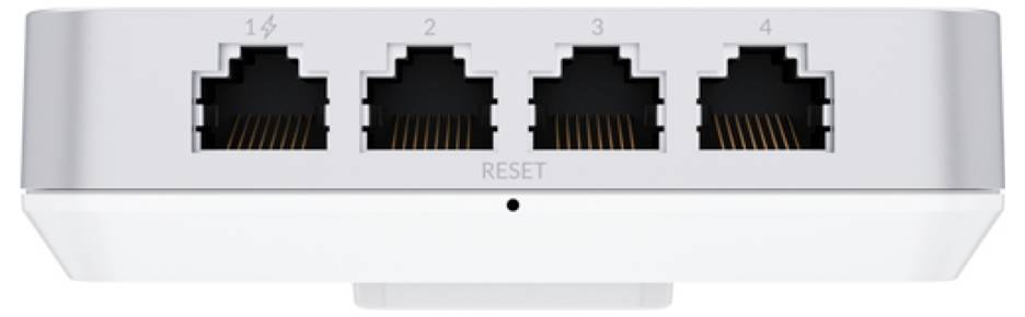 Bild eines Netzwerk-Switches mit vier Ethernet-Anschlüssen mit den Nummern 1 bis 4 und einer Zurücksetzen-Taste darunter.