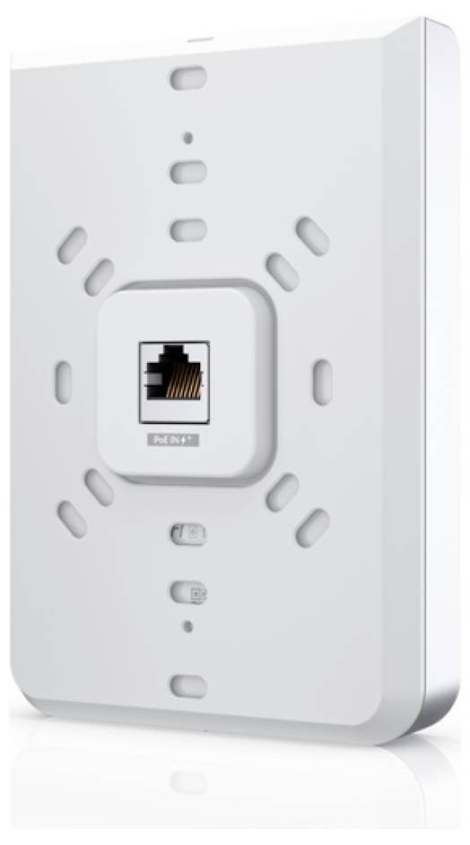 Ein weißer wandmontierter kabelloses Zugriffsgerät mit einem Ethernet-Anschluss in der Mitte, umgeben von mehreren kleinen Schlitzen und Kontrollleuchten.