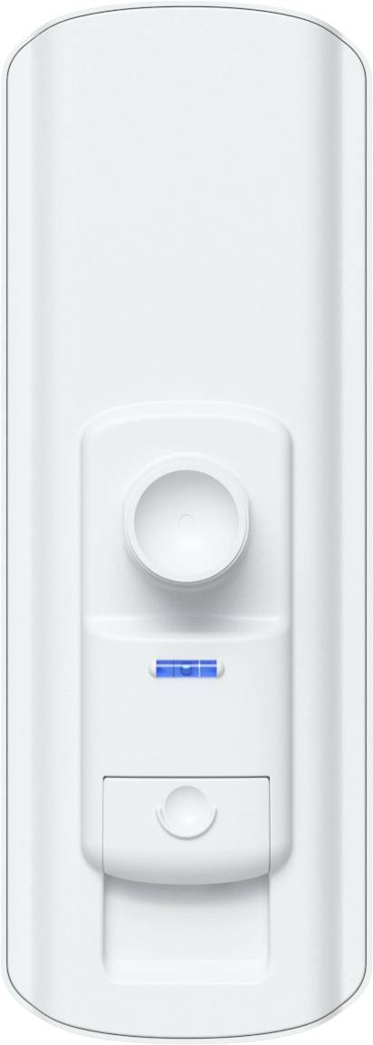 Ein weißes elektronisches Gerät mit einem kreisförmigen Sensor oben und einer kleinen blauen Kontrollleuchte darunter.