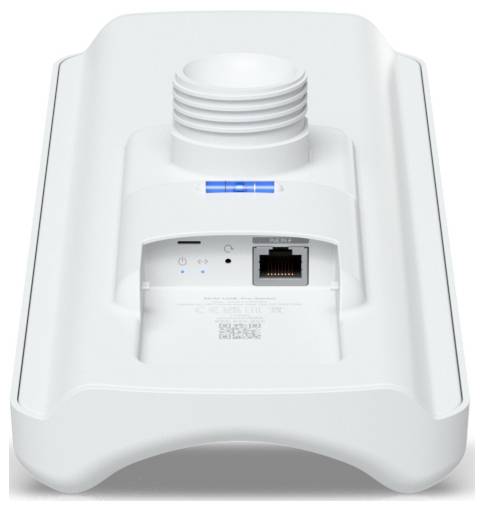 Ein weißes, wetterfestes Außengerät mit Netzwerkport und LED-Anzeigen für Konnektivität, konzipiert für die Montage und externe Nutzung.