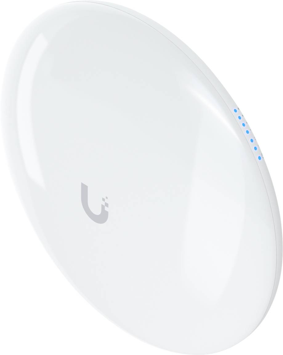 Ein weißer, kreisförmiger WLAN-Zugangspunkt mit einem kleinen Ubiquiti-Logo und blauen LED-Anzeigen an der Seite, entworfen für drahtlose Internetverbindung.