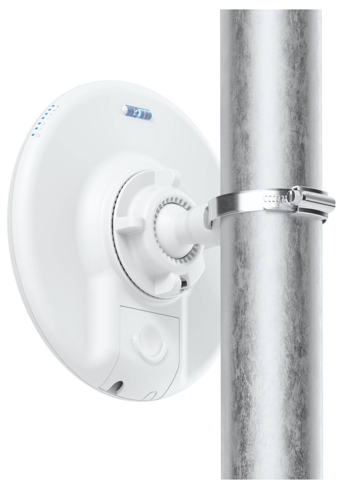 Ein weißes kreisförmiges kabelloses Gerät ist mit einer Klemme an einem senkrechten Metallrohr montiert und zeigt einen blauen LED-Indikator an.