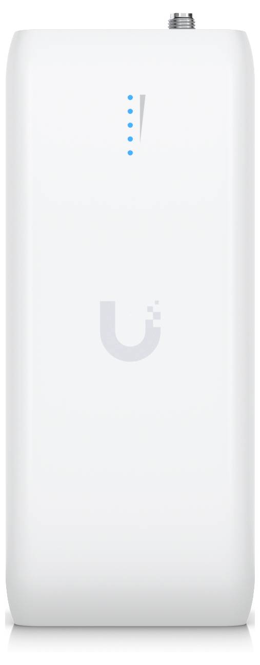 Ein weißes rechteckiges Netzwerkgerät mit blauen LED-Anzeigen und einem Logo auf der Vorderseite. Oben befindet sich ein Antennenstecker.