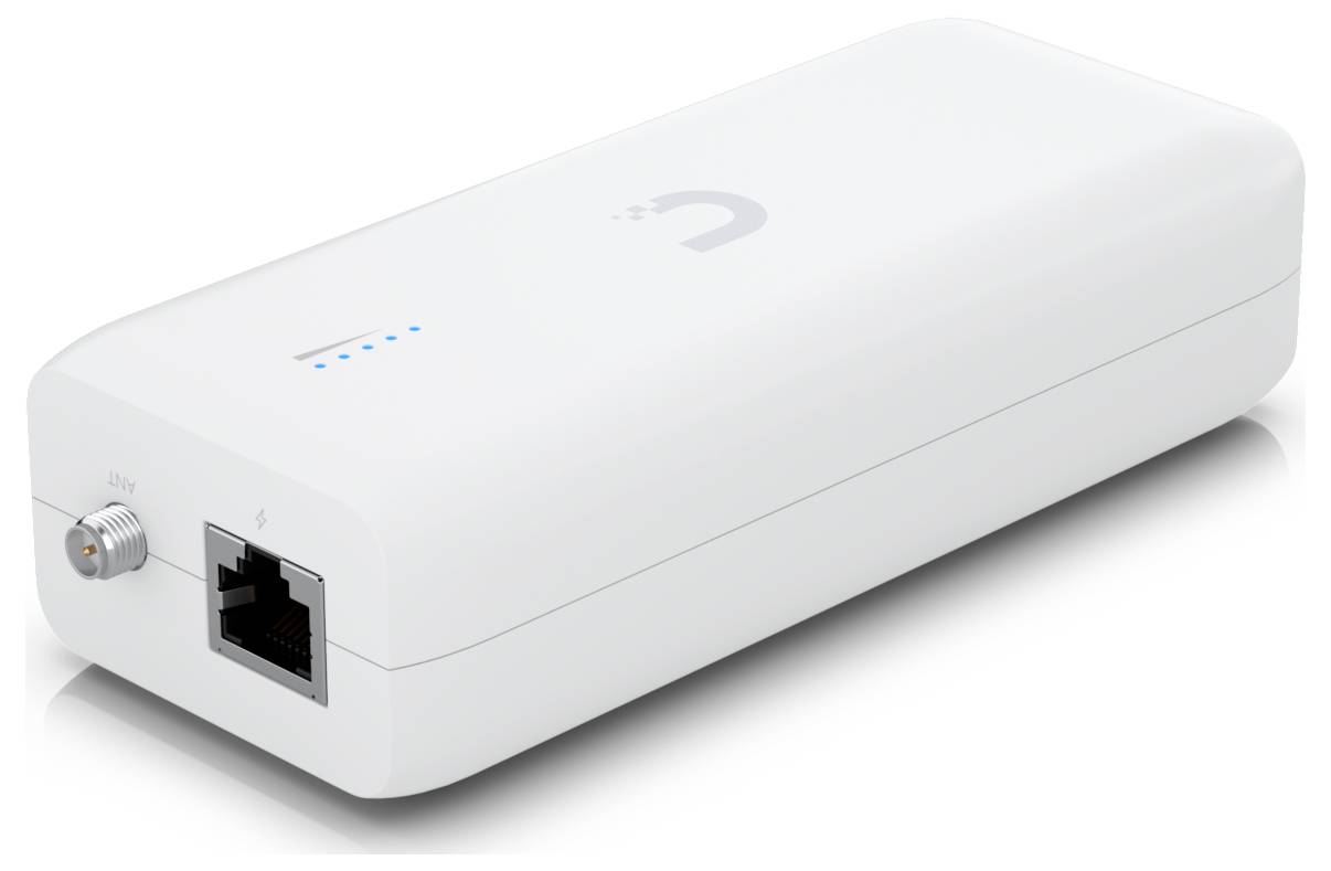 Ein weißes Ubiquiti airGateway-Gerät mit einem Ethernet-Anschluss und Stromversorgung, das zur Erweiterung der Wi-Fi-Abdeckung in Innenräumen verwendet wird.