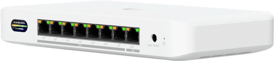 Ein weißer Netzwerk-Switch mit acht Ethernet-Anschlüssen wird gezeigt. Ein Etikett mit farbigen Indikatoren ist auf der linken Seite sichtbar.