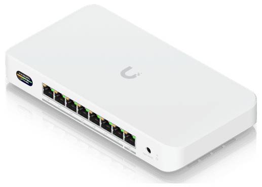 Ein weißer Netzwerk-Switch mit acht Ethernet-Anschlüssen und einem Logo auf der Oberseite, entwickelt für die Konnektivität in Heimnetzwerk- oder Büronetzwerk-Setups.