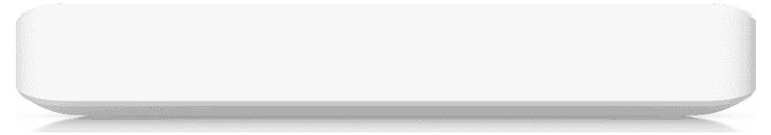 Weißes rechteckiges Objekt mit abgerundeten Ecken und einem runden Knopf, das wie ein Smart-Home-Gerät oder ein Lautsprecher aussieht.