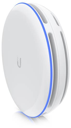 Ein weißes, oval geformtes drahtloses Zugriffspunkt mit subtiler blauer Beleuchtung entlang der Kante, mit einem 