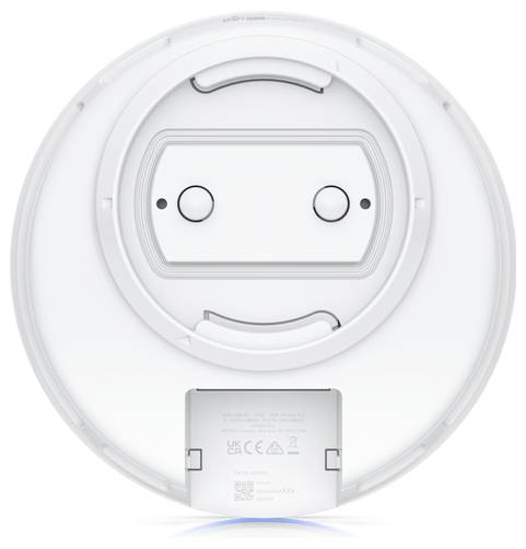 Die Unteransicht eines runden Roboterstaubsaugers mit zwei Hauptsensoren und einem abnehmbaren Batteriefach, das sein Design hervorhebt.