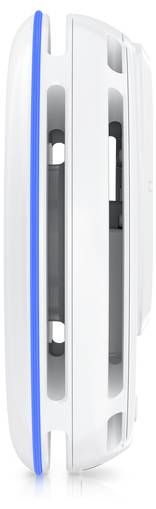 Ein weißes, vertikales Gerät mit einer blauen Kantenlinie, das Lüftungsschlitze und ein elegantes, modernes Design aufweist.