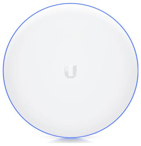 Ein runder weißer kabelloses Zugangspunkt mit einer blauen Kante und einem schwachen Logo in der Mitte.