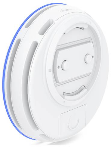 Ein rundes, weißes Rauch- und Kohlenmonoxid-Meldesystem mit kreisförmigem Design. Es verfügt über einen einzelnen Testknopf und eine blaue LED-Anzeige an der Seite.