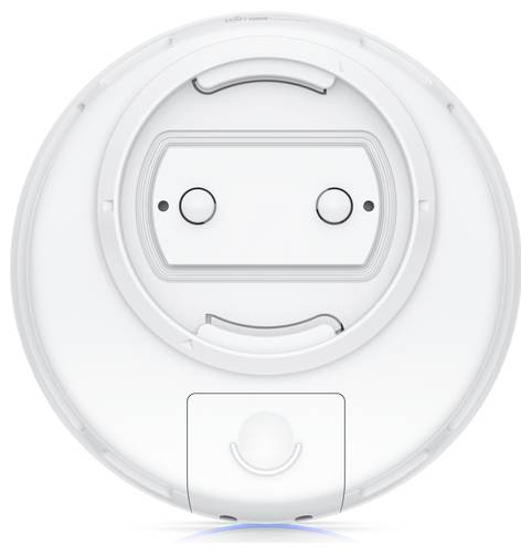 Ein weißer runder Roboterstaubsauger mit zwei vorderen Sensoren und einem zentralen Netzschalter.