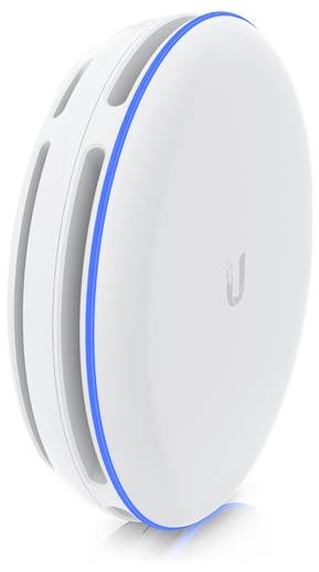 Ein schlanker, weißer, kreisförmiger kabelloser Zugangspunkt mit einer blauen LED-Anzeige, der modernes Design für den Heim- oder Bürogebrauch demonstriert.