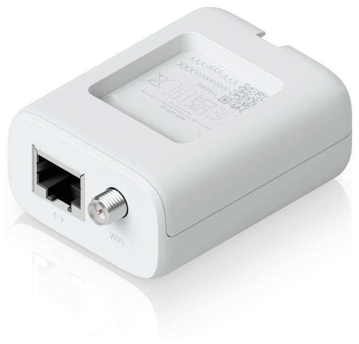 Ein kompakter WiFi-Adapter mit Ethernet-Anschluss und Koaxialstecker, entwickelt für Netzwerkverbindungen.