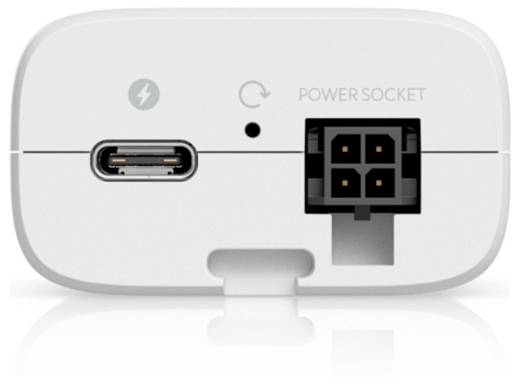 A white connector box with a USB-C port on the left, a circular reset button in the center, and a power socket on the right.