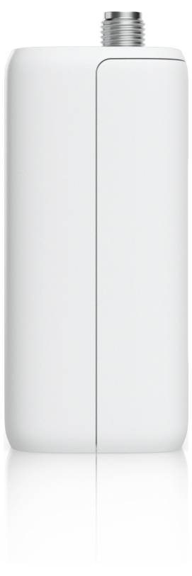 Weißes rechteckiges Gerät mit einem zylindrischen Metallstecker oben; wahrscheinlich wird es in Technologie oder Elektronik verwendet.