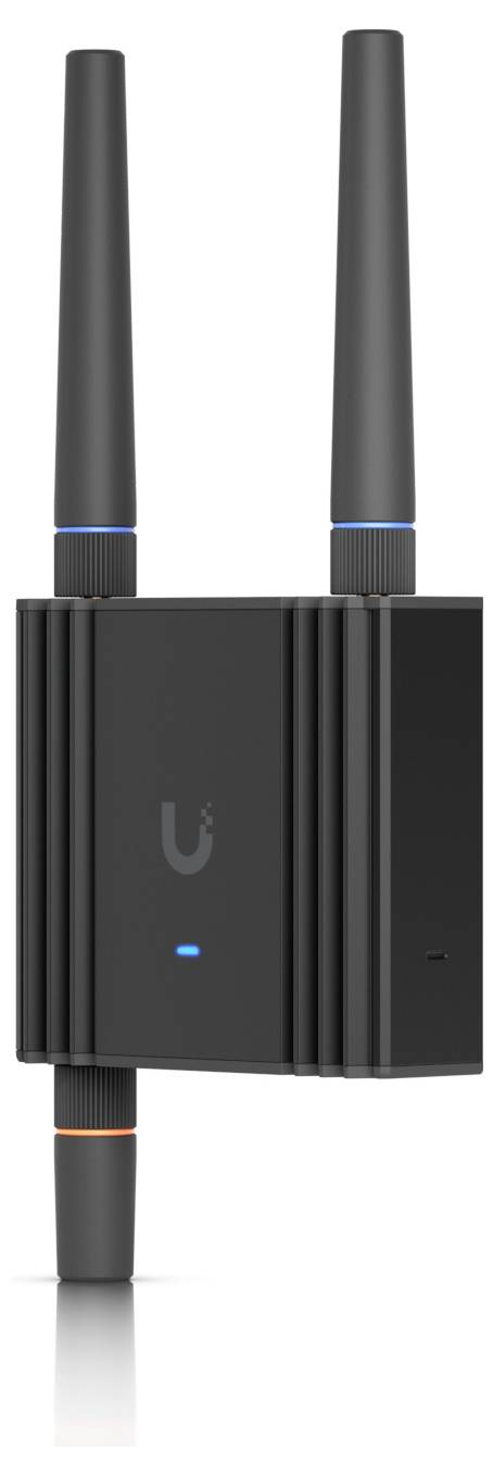 A sleek black wireless access point device with two antennas, featuring indicator lights.