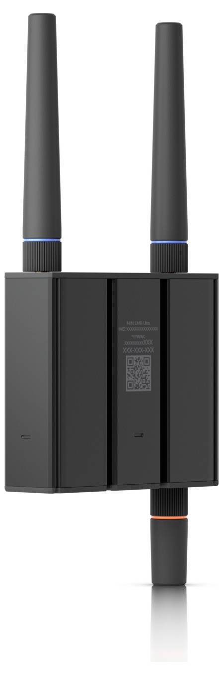 A black rectangular Wi-Fi router with two antennas, each tipped with a different colored ring. A QR code is visible on the device.