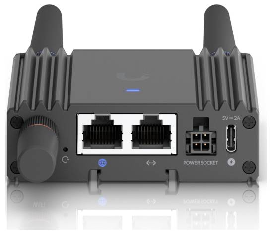 A small black network device with dual antennas, two Ethernet ports, a power socket, a USB-C port, and a control knob on the side.