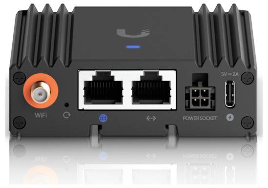 A black network device with two Ethernet ports, WiFi antenna connector, and power socket. It has LEDs indicating status and connectivity.