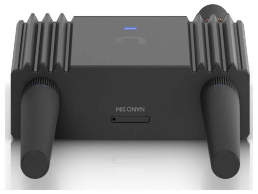 A black Wi-Fi router with two antennas and a 'Nano SIM' slot, featuring a blue logo on top.