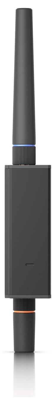 Wireless router antenna, vertically oriented with a sleek black design and blue and orange accents on the connectors.