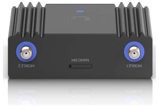 A small black device with two coaxial connectors labeled 'Mobile 1' and 'Mobile 2', and a slot labeled 'Nano SIM'.