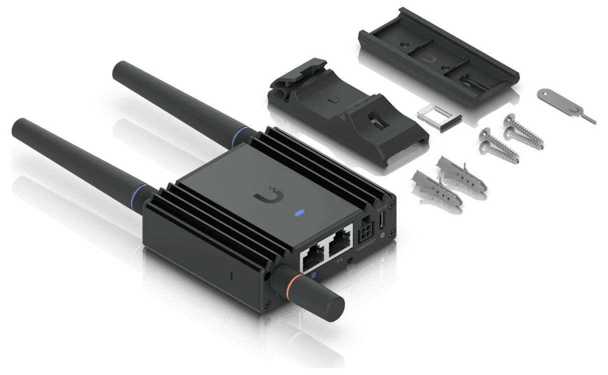 Wi-Fi access point kit with two antennas, mounting bracket, screws, anchors, and a small metal plate, designed for installation.