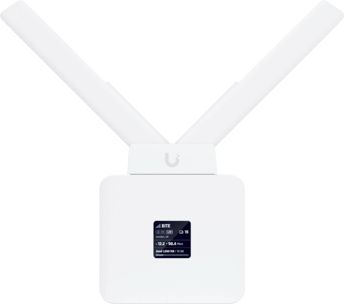 Ein rechteckiger WLAN-Router mit zwei nach oben ausgefahrenen Antennen, auf einem kleinen Digitalbildschirm 