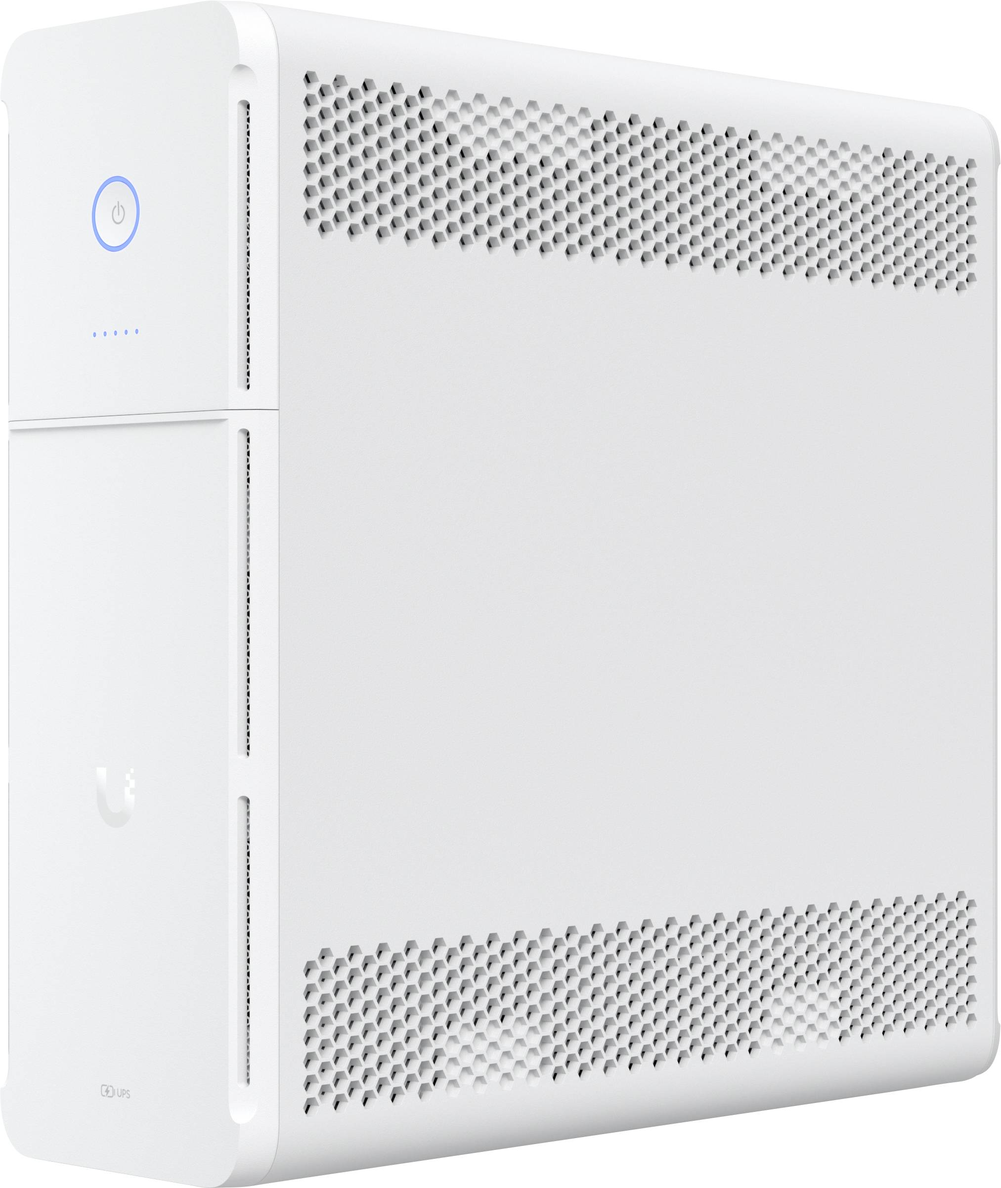 Weißer Netzwerk-Server mit eleglantem Design, ausgestattet mit Belüftungsgittern, einer Stromtaste und Unternehmensbranding.