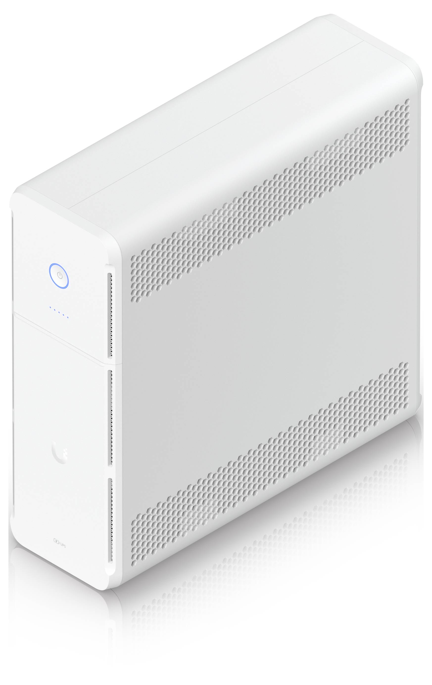 Rückansicht einer weißen Steckerleiste oder USV mit mehreren Wechselstromausgängen, zwei Ethernet-Anschlüssen, einer Stromeingangsbuchse und einer Rücksetztaste.