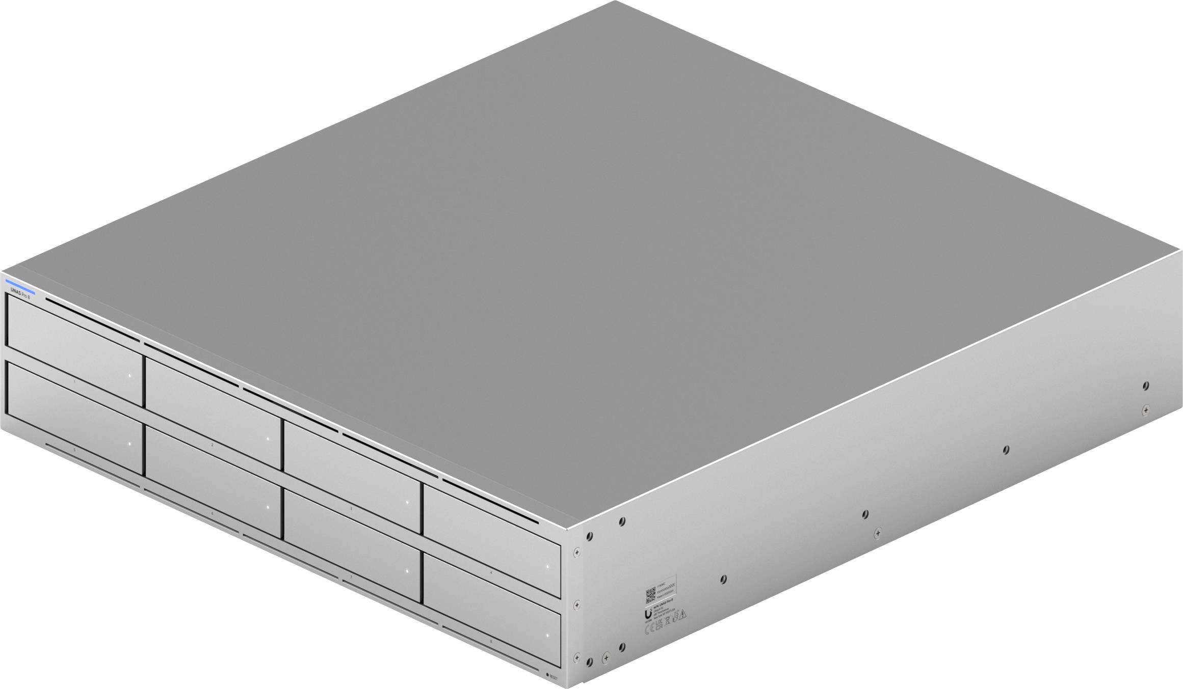 Ein in ein Serverrack eingebautes Speichersystem mit mehreren Festplattenschächten, elegantes silbernes Gehäuse, für den Einsatz in Rechenzentren konzipiert.