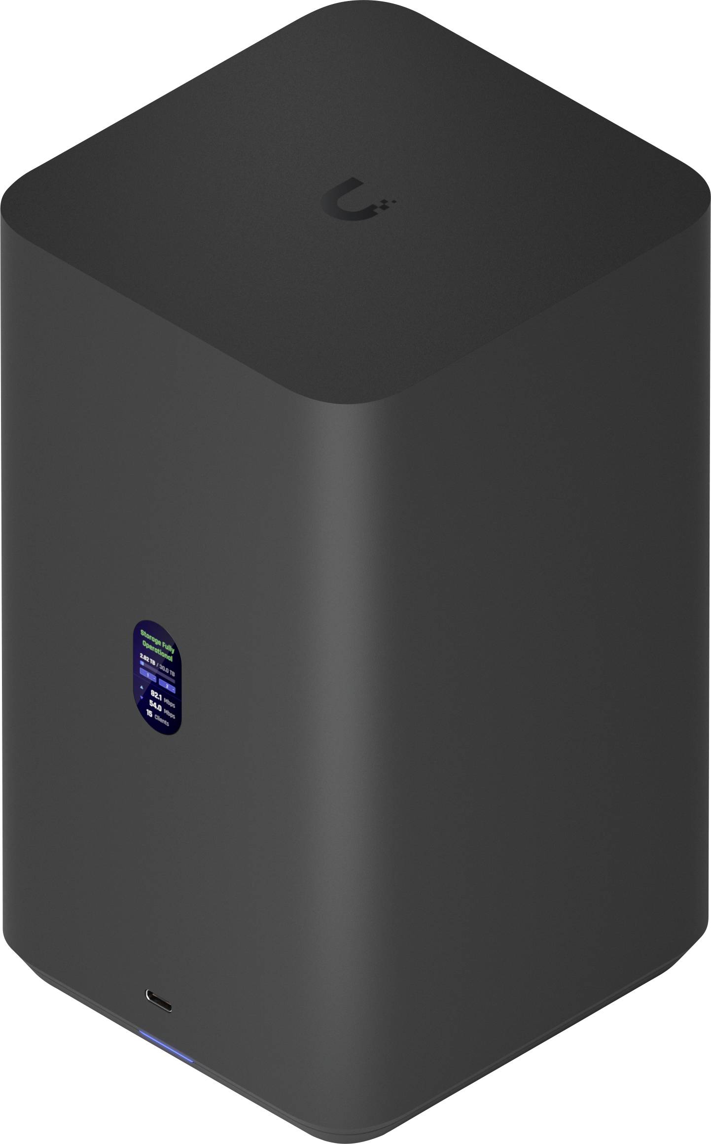 Ein elegantes, schwarzes turmförmiges Gerät mit einem kleinen Display-Bildschirm an der Vorderseite, das für Netzwerk- oder Computerzwecke verwendet wird.