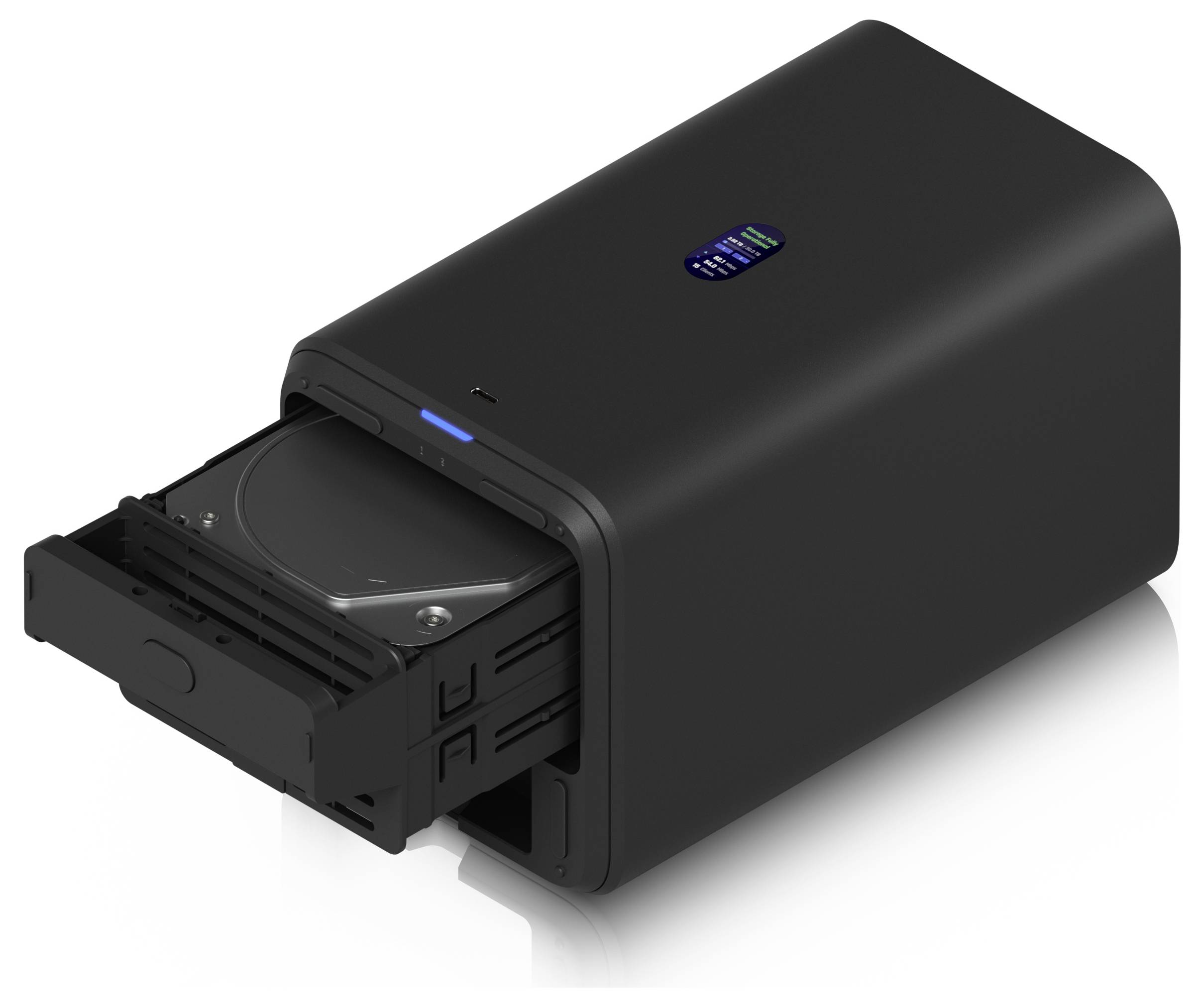 Ein schwarzes externes Festplattengehäuse mit einem offenen Schacht, in dem eine Festplatte zu sehen ist, mit einem digitalen Display oben.