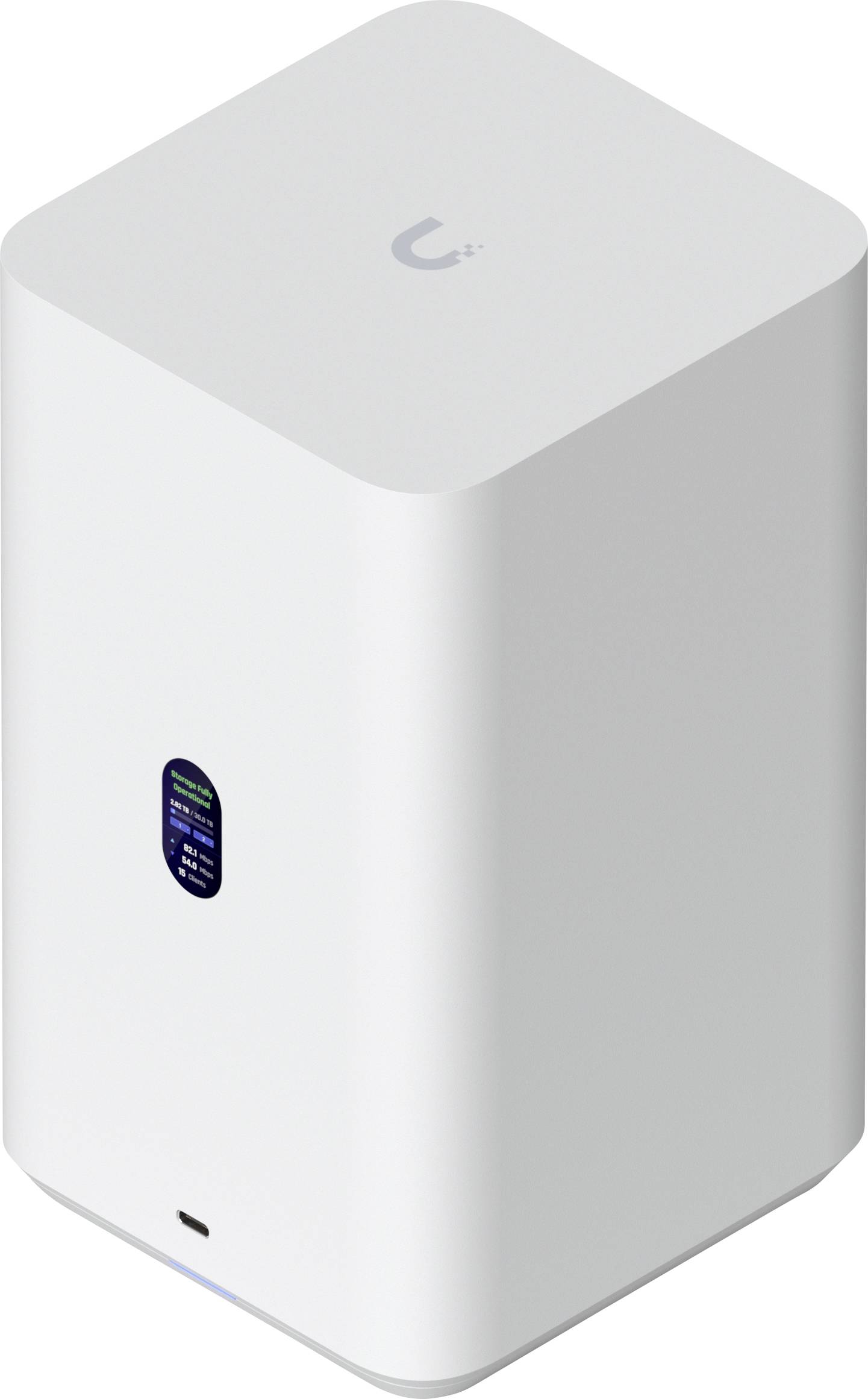 Ein großes, weißes, rechteckiges Gerät mit einem kleinen digitalen Display auf der Vorderseite oben in der Nähe.