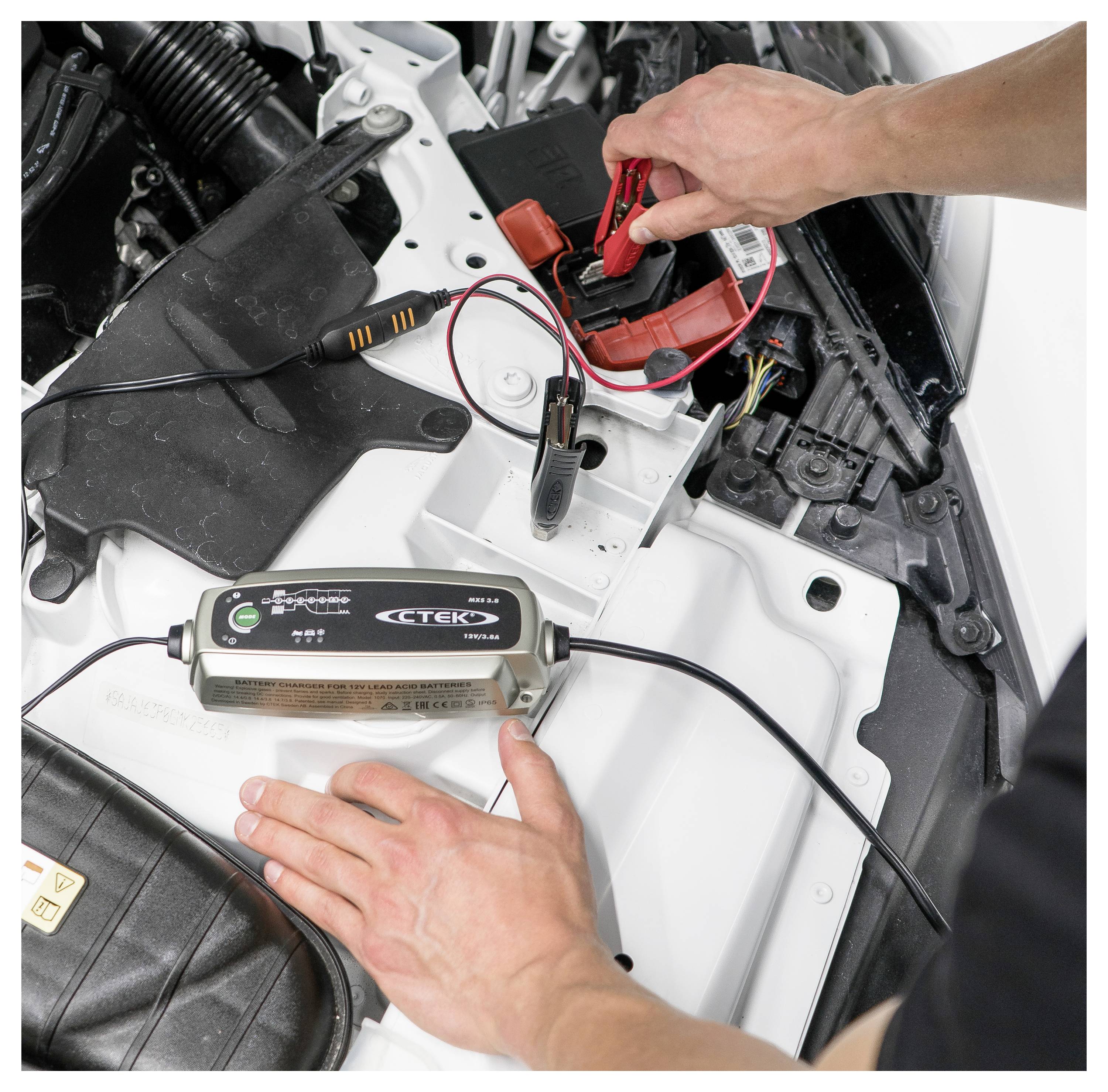 Eine Person verbindet ein Batterieladegerät mit der Autobatterie mittels roter und schwarzer Klemmen. Das Ladegerät zeigt 