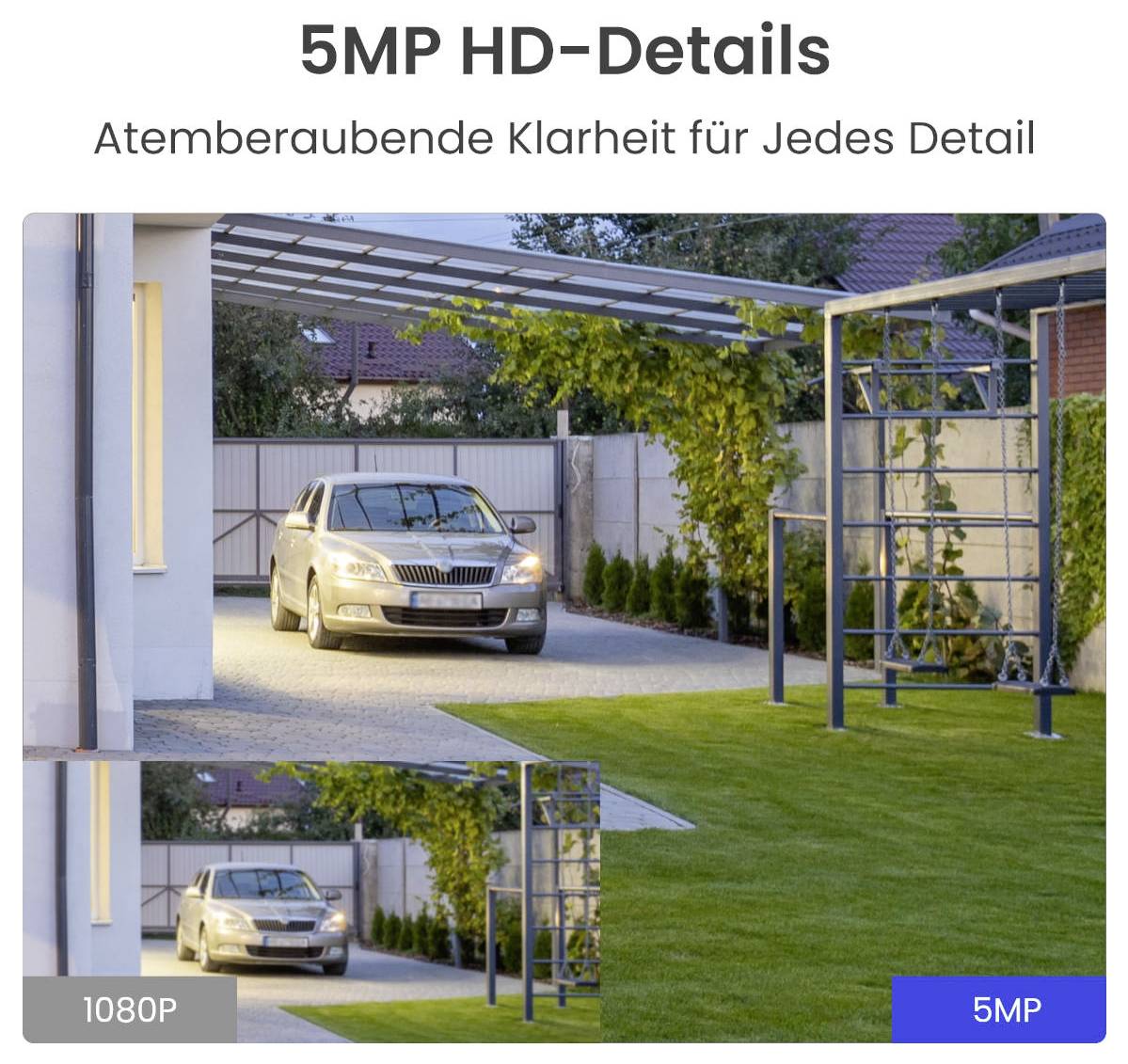 Auto parkt im modernen Carport. Vergleich zwischen 1080p und 5MP Foto zeigt verbesserte Details mit höherer Auflösung.