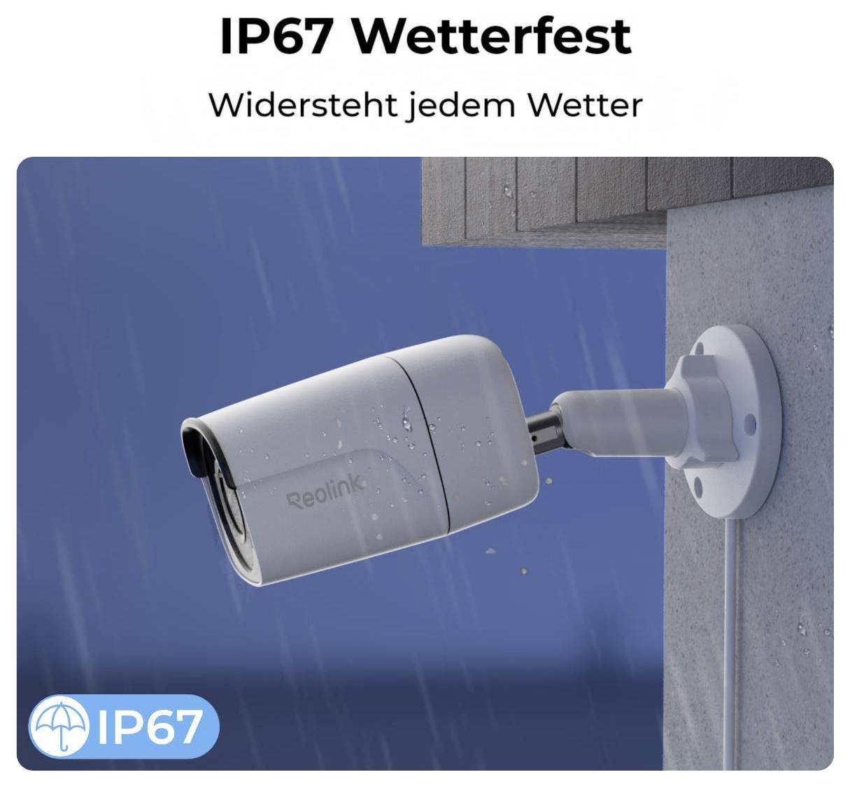 Überwachungskamera montiert an einer Wand, wasserdicht nach IP67, widersteht jedem Wetter.