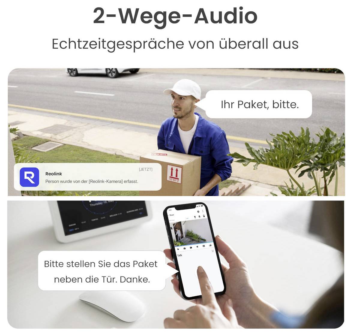 '2-Wege-Audio: Echtzeitgespräche von überall aus.' Oben: Zusteller übergibt Paket, sagt 'Ihr Paket, bitte'. Unten: Handy zeigt Kamerabild, Text: 'Bitte stellen Sie das Paket neben die Tür. Danke.'