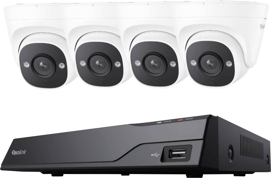 Überwachungssystem-Bild mit vier Domenkameras und einer zentralen Kontrolleinheit, die zur Überwachung und Aufzeichnung konzipiert sind.